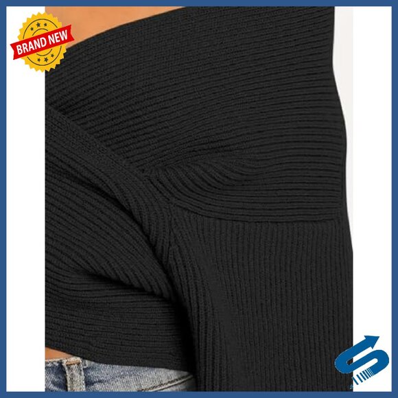 Off Shoulder Ribbed Knit Wrap Cropped Sweater Long Sleeve Loose Fit - Picture 5 of 8